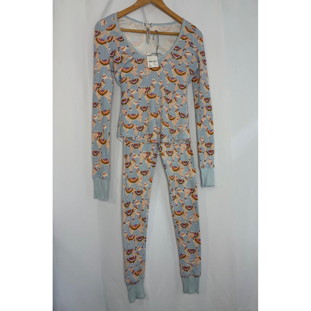 Intimately Free People Llama Thermal Pajama Set Blue Waffle Knit Small NEW
